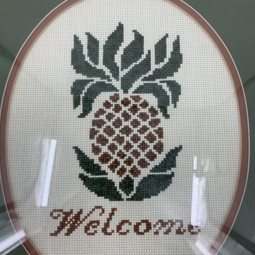 Welcome Pineapple Finished Cross Stitch Wall Art Vintage 14" x 12" - Picture 2 of 4